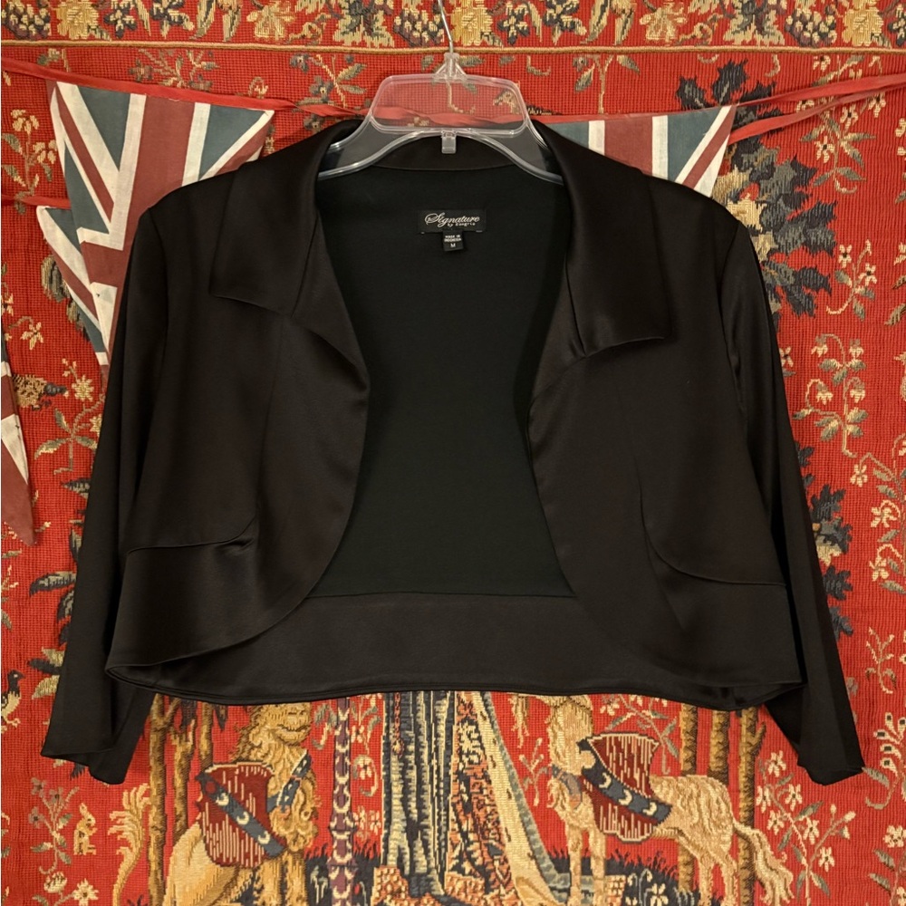 Stylish Black Satin Bolero Cropped Evening Jacket Elegant Dressy Retro Classic